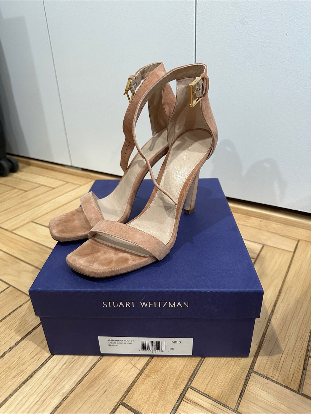 Stuart Weitzman Nude Blush Suede Strappy High Heels- 100mm Square Nudist